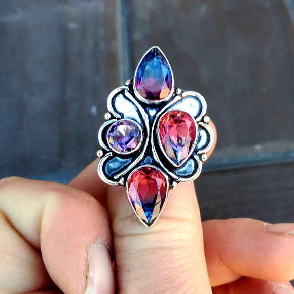 New Bicolor Tourmaline & Amethyst 925 Silver Ring. - Picture 3 of 11